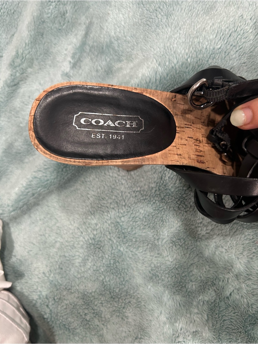 Coach Black Leather Strappy Sandals with Wood-Tone Block Heel - Picture 5 of 13